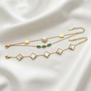 gold heart & clover charm bracelet combo