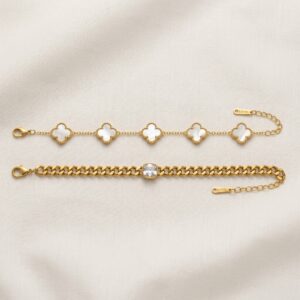 clover charm bracelet & chunky chain crystal bracelet combo