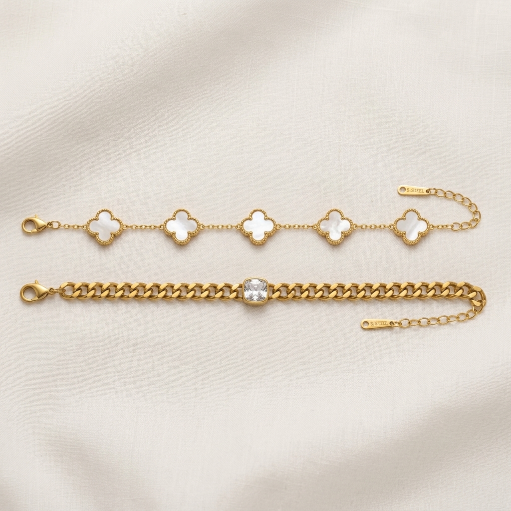 clover charm bracelet & chunky chain crystal bracelet combo clover charm bracelet & chunky chain crystal bracelet combo