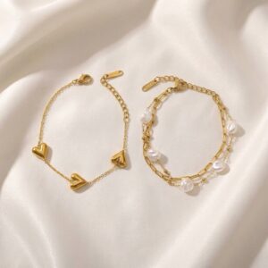 Home gold heart charm & pearl chain bracelet combo