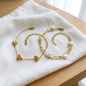 gold heart charm & pearl chain bracelet combo gold heart charm & pearl chain bracelet combo
