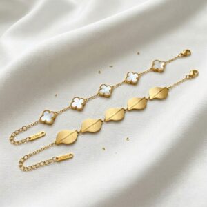 Home gold clover charm & leaf bracelet combo