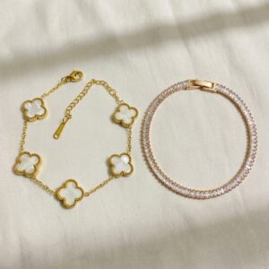 Home gold clover & golden crystal tennis bracelet combo