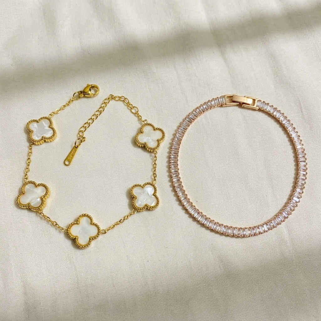 gold clover & golden crystal tennis bracelet combo gold clover & golden crystal tennis bracelet combo