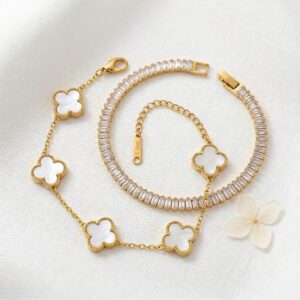 gold clover & golden crystal tennis bracelet combo gold clover & golden crystal tennis bracelet combo