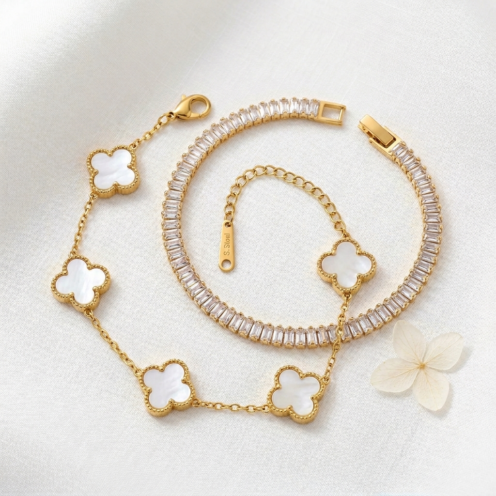 gold clover & golden crystal tennis bracelet combo gold clover & golden crystal tennis bracelet combo