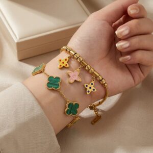 green clover bracelet & color charm gold bracelet combo