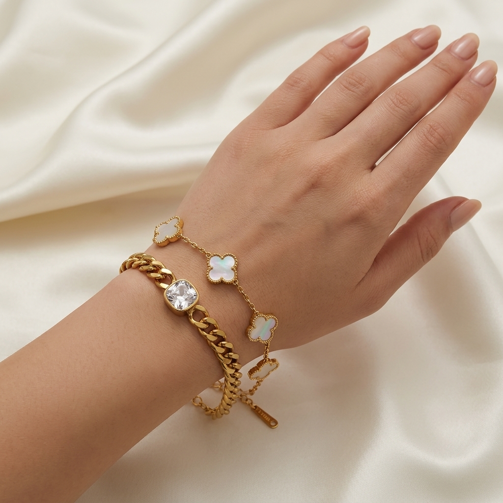clover charm bracelet & chunky chain crystal bracelet combo clover charm bracelet & chunky chain crystal bracelet combo