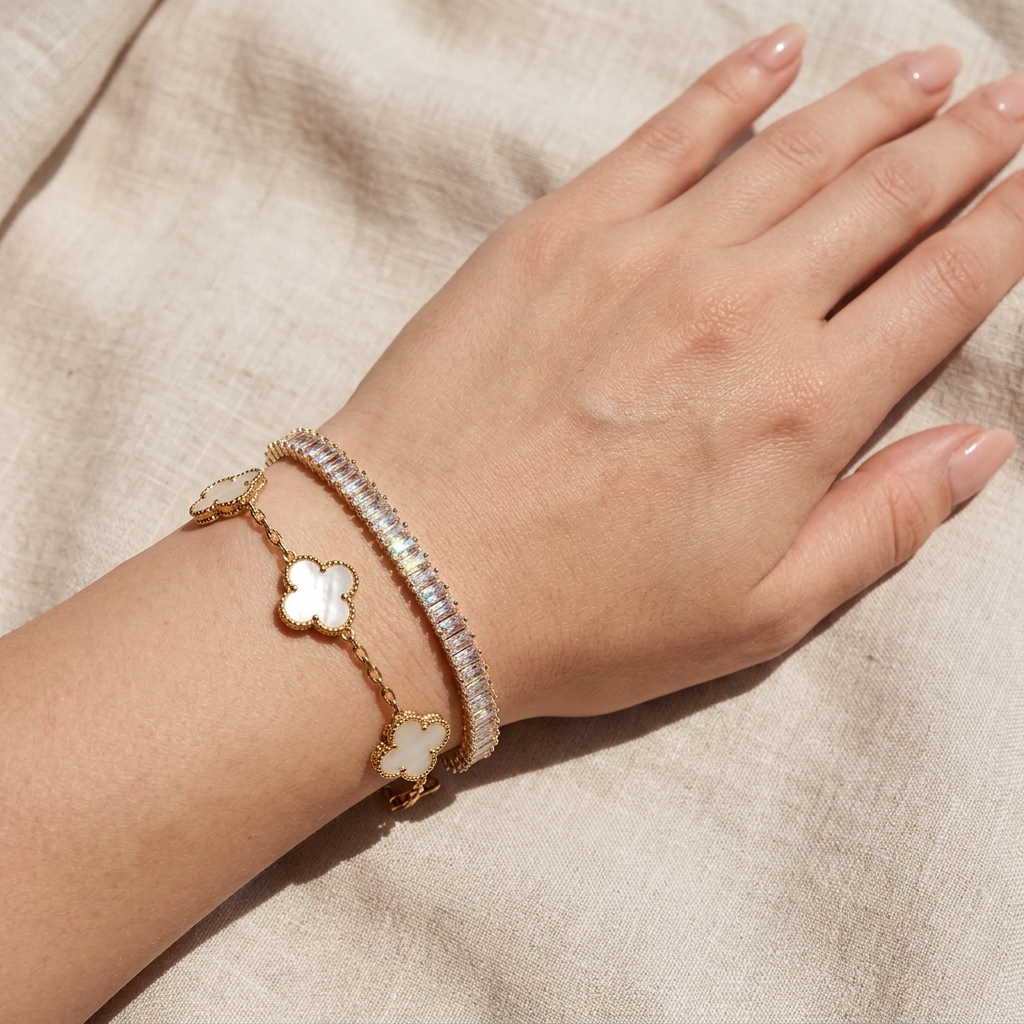 gold clover & golden crystal tennis bracelet combo gold clover & golden crystal tennis bracelet combo