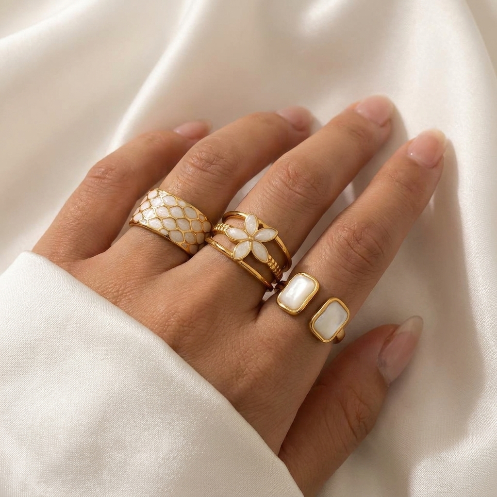 krish luxe pearl ring combo (set of 3 adjustable rings) krish luxe pearl ring combo (set of 3 adjustable rings)
