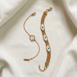 clover & evil eye gold bracelet combo set