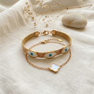 clover & evil eye gold bracelet combo set