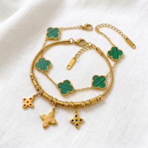 green clover bracelet & color charm gold bracelet combo