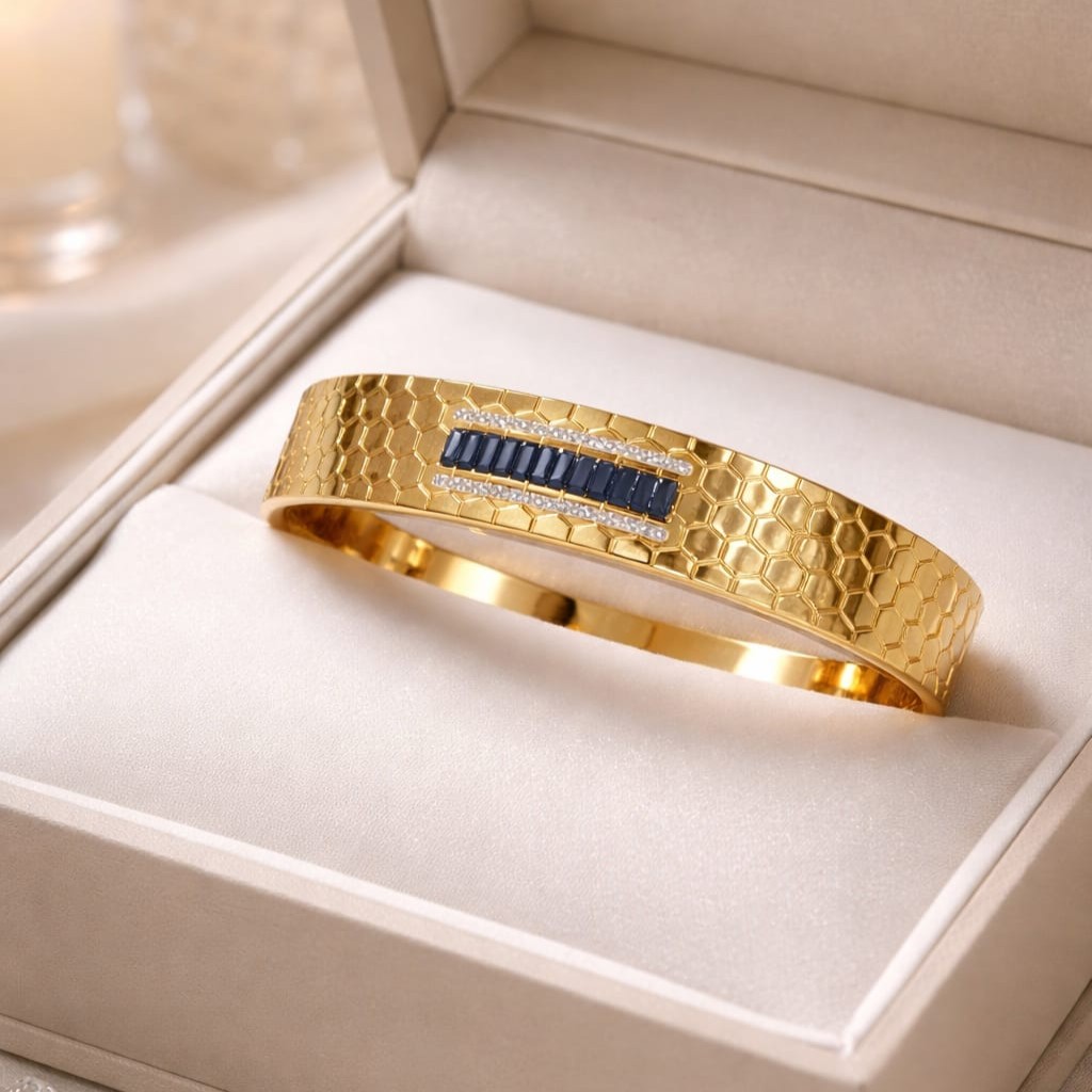 geometric sapphire inlay gold honeycomb design bangle geometric sapphire inlay gold honeycomb design bangle