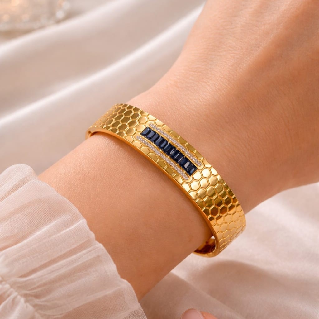 geometric sapphire inlay gold honeycomb design bangle geometric sapphire inlay gold honeycomb design bangle