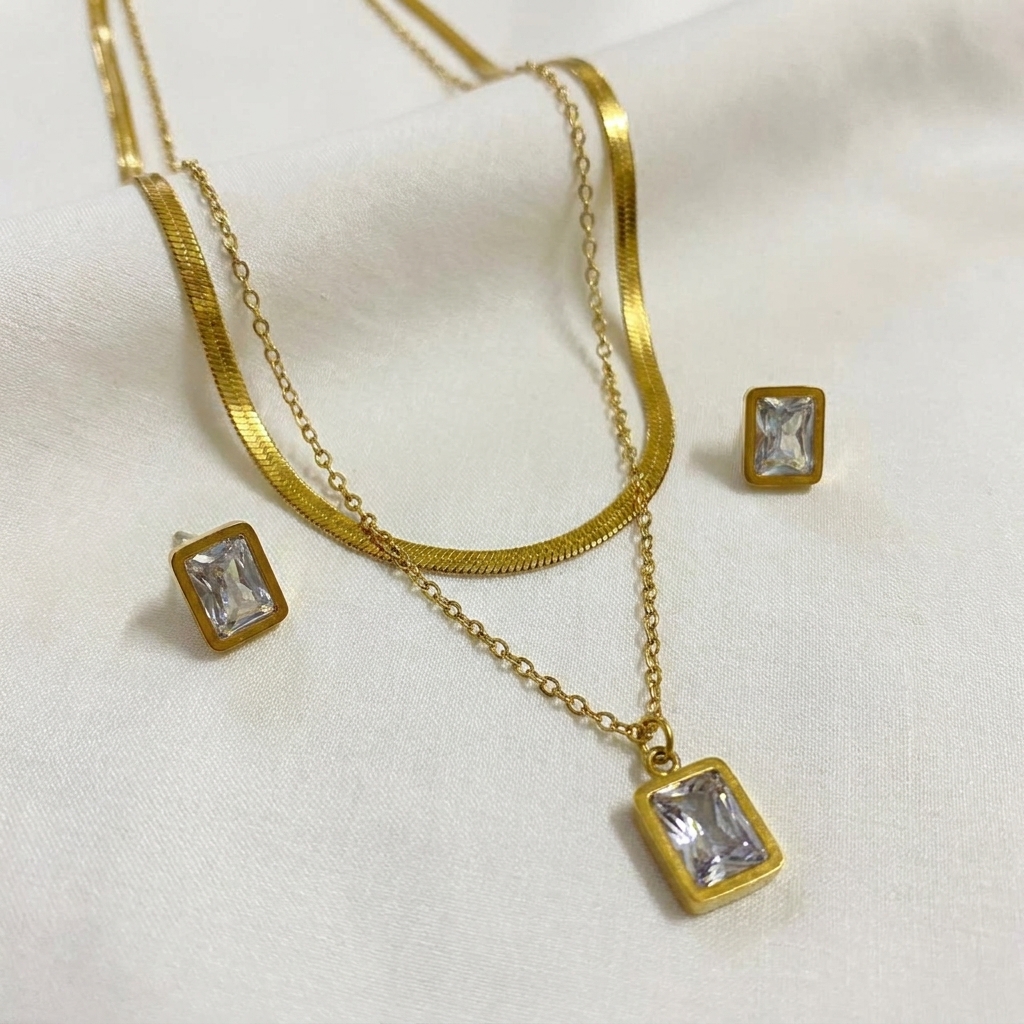 gold geometric crystal necklace & earrings set gold geometric crystal necklace & earrings set