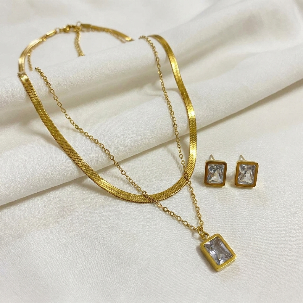 gold geometric crystal necklace & earrings set gold geometric crystal necklace & earrings set
