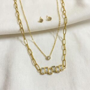 luxury baguette crystal layered necklace set