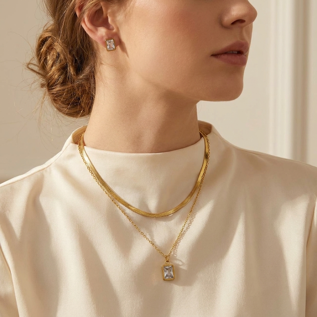 gold geometric crystal necklace & earrings set gold geometric crystal necklace & earrings set