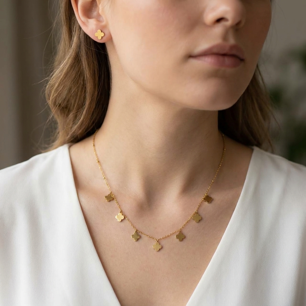 gold clover charm necklace & earrings set gold clover charm necklace & earrings set